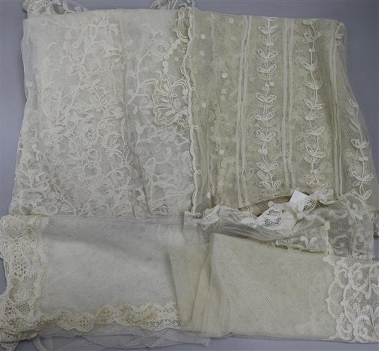 A Brussels needlelace shawl, a lace stole and 2 bonnet veils